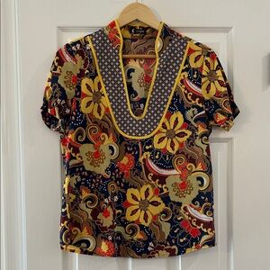 J. Crew Navy Floral Paisley V-Neck Top with Yellow Trim